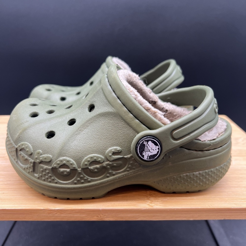 Crocs Baya Lined Clog Shoes Size C7 Green Sherpa Faux Fur Slip On